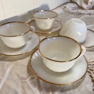 Vintage Fire King Transparent White With Gold Trim Coffee Cups and Saucers